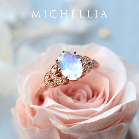 [Olivia] Classic Floral Oval Engagement Ring in Moonstone Women's Ring michelliafinejewelry