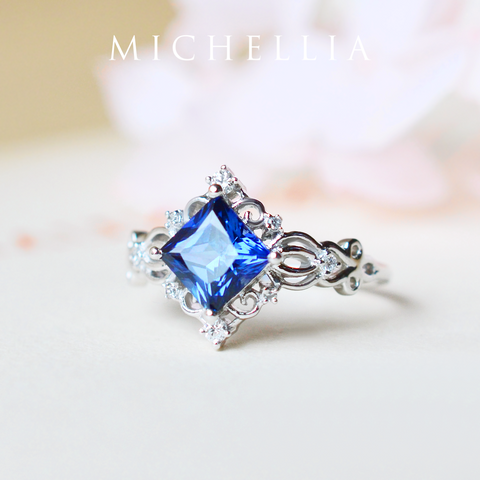 [Elsa] Vintage Square Princess Cut Engagement Ring in Lab Blue Sapphire Women's Ring michelliafinejewelry   