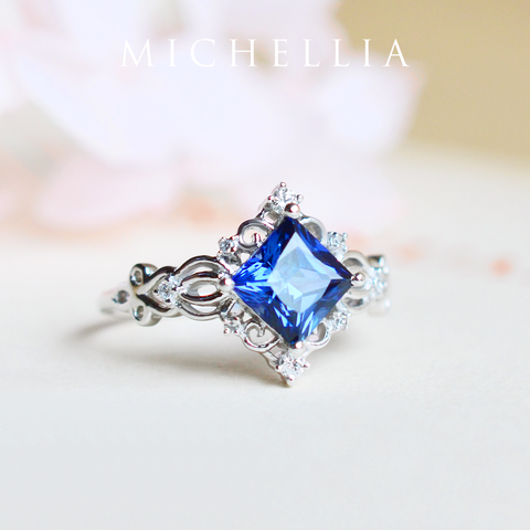 [Elsa] Vintage Square Princess Cut Engagement Ring in Lab Blue Sapphire Women's Ring michelliafinejewelry   