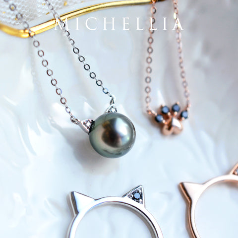 [Snow] White Pearl and Diamond Cat Necklace Necklace michelliafinejewelry   