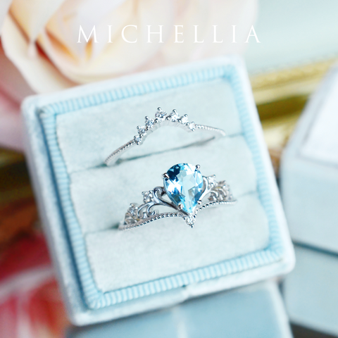 [Veronica] Vintage Crown Pear Engagement Ring in Aquamarine Women's Ring michelliafinejewelry   