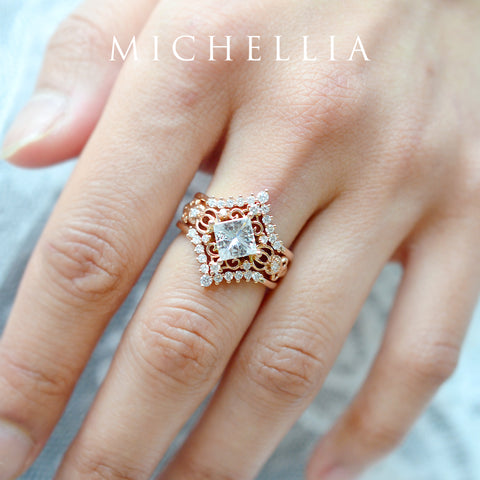 [Elsa] Vintage Square Princess Cut Engagement Ring in Diamond / Moissanite Women's Ring michelliafinejewelry   