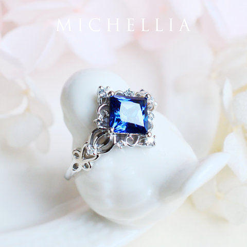 [Elsa] Vintage Square Princess Cut Engagement Ring in Lab Blue Sapphire Women's Ring michelliafinejewelry   