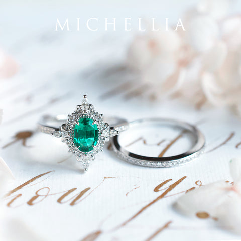 [Alessandra] Art Deco Oval Cut Ring in Lab Emerald Women's Ring michelliafinejewelry   