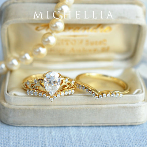 [Francesca] Heirloom Crown Pear Cut Engagement Ring in Diamond / Moissanite Women's Ring michelliafinejewelry   