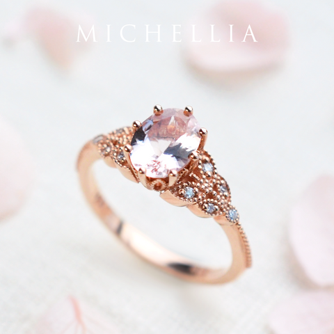 [Olivia] Classic Floral Oval Engagement Ring in Morganite Women's Ring michelliafinejewelry