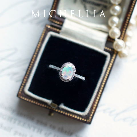 [Lenora] Petite Oval Halo Diamond Ring in Opal Women's Ring michelliafinejewelry   