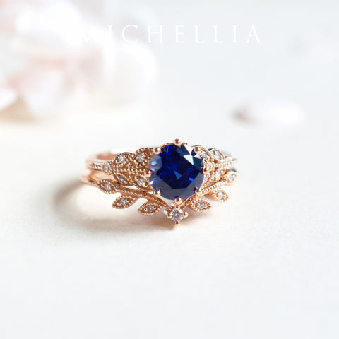 [Kerensa] Classic Floral Engagement Ring in Lab Blue Sapphire Women's Ring michelliafinejewelry