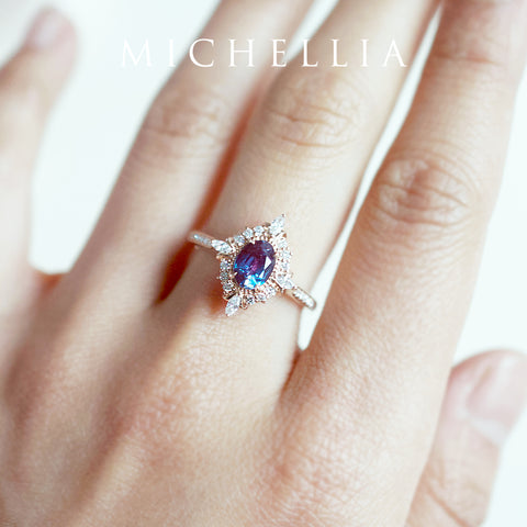 [Alessandra] Art Deco Oval Engagement Ring in Lab Alexandrite Women's Ring michelliafinejewelry   