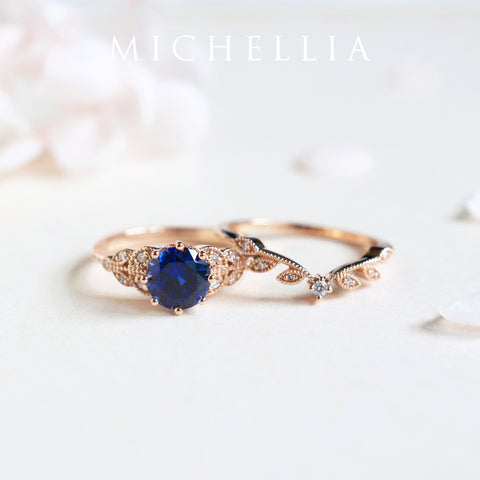 [Kerensa] Classic Floral Engagement Ring in Lab Blue Sapphire Women's Ring michelliafinejewelry