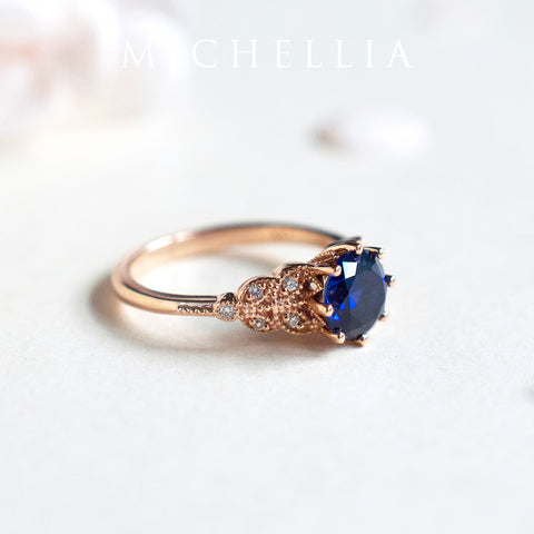 [Kerensa] Classic Floral Engagement Ring in Lab Blue Sapphire Women's Ring michelliafinejewelry