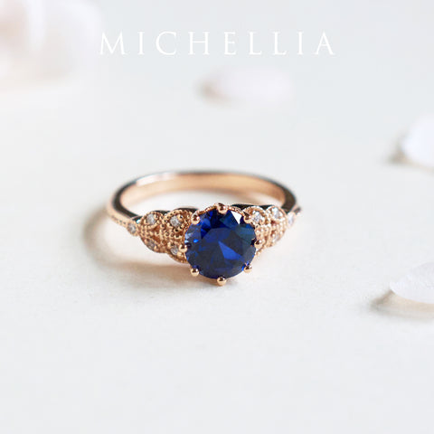 [Kerensa] Classic Floral Engagement Ring in Lab Blue Sapphire Women's Ring michelliafinejewelry
