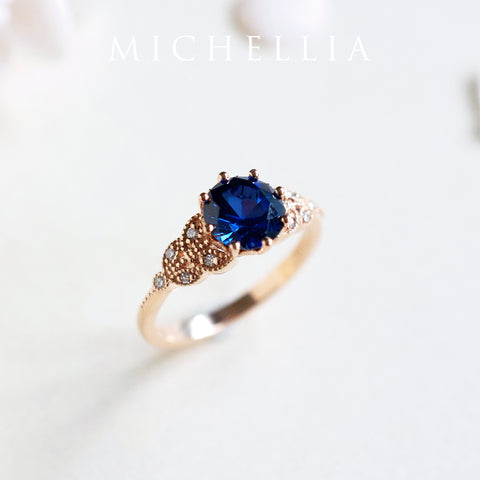 [Kerensa] Classic Floral Engagement Ring in Lab Blue Sapphire Women's Ring michelliafinejewelry