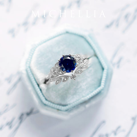 [Kerensa] Classic Floral Engagement Ring in Lab Blue Sapphire Women's Ring michelliafinejewelry