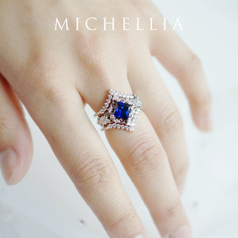 [Elsa] Vintage Square Princess Cut Engagement Ring in Lab Blue Sapphire Women's Ring michelliafinejewelry   