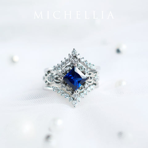 [Elsa] Vintage Square Princess Cut Engagement Ring in Lab Blue Sapphire Women's Ring michelliafinejewelry   