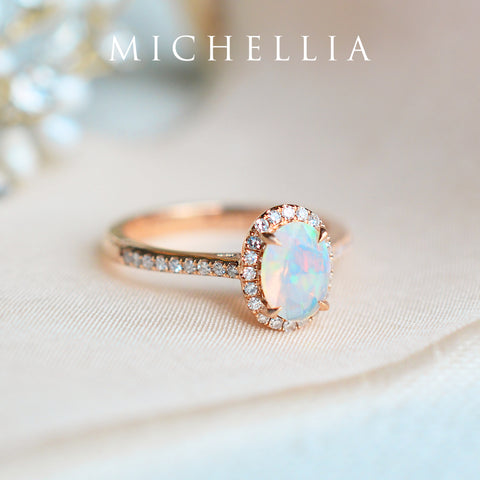 [Lenora] Petite Oval Halo Diamond Ring in Opal Women's Ring michelliafinejewelry   