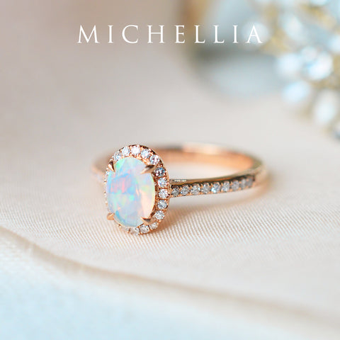 [Lenora] Petite Oval Halo Diamond Ring in Opal Women's Ring michelliafinejewelry   
