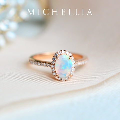 [Lenora] Petite Oval Halo Diamond Ring in Opal Women's Ring michelliafinejewelry   