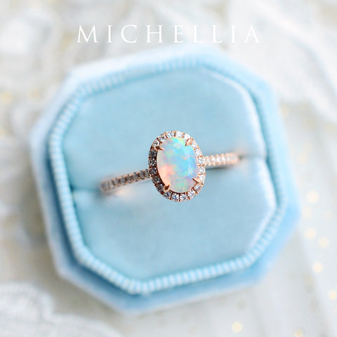 [Lenora] Petite Oval Halo Diamond Ring in Opal Women's Ring michelliafinejewelry   