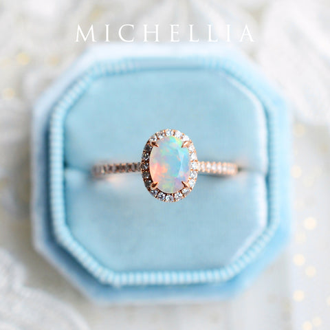 [Lenora] Petite Oval Halo Diamond Ring in Opal Women's Ring michelliafinejewelry   