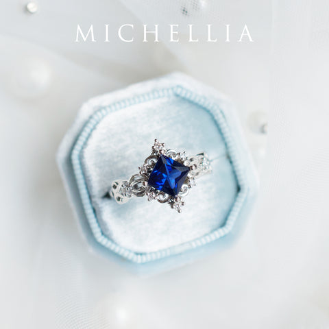 [Elsa] Vintage Square Princess Cut Engagement Ring in Lab Blue Sapphire Women's Ring michelliafinejewelry   