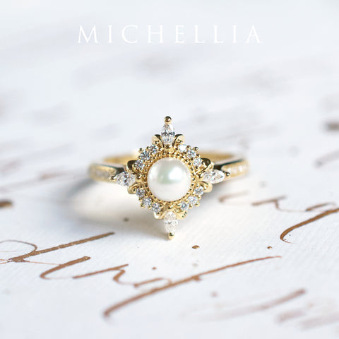 [Astrid] Art Deco Petite Ring in Akoya Pearl Women's Ring michelliafinejewelry   