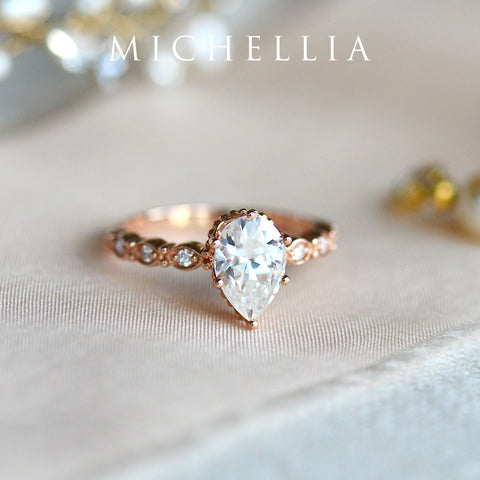 [Emelia] Vintage Classic Crown Pear Cut Engagement Ring in Diamond / Moissanite Women's Ring michelliafinejewelry   