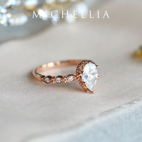 [Emelia] Vintage Classic Crown Pear Cut Engagement Ring in Diamond / Moissanite Women's Ring michelliafinejewelry   