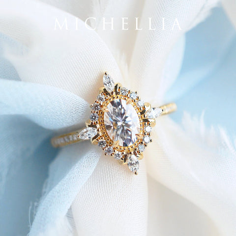 [Alessandra] Art Deco Oval Cut Engagement Ring in Diamond / Moissanite Women's Ring michelliafinejewelry   