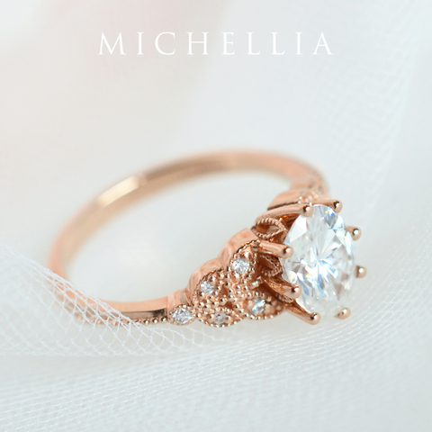 [Olivia] Classic Floral Oval Engagement Ring in Lab Emerald Women's Ring michelliafinejewelry   