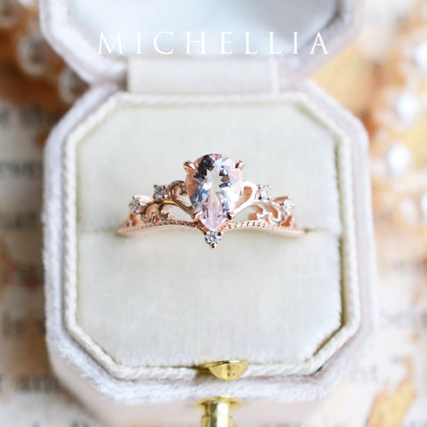 [Veronica] Vintage Crown Pear Engagement Ring in Morganite Women's Ring michelliafinejewelry   