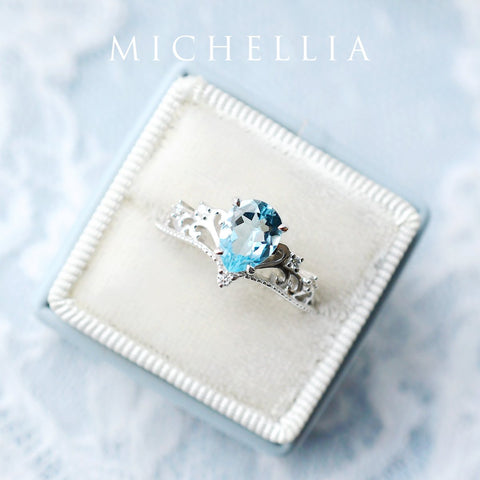 [Veronica] Vintage Crown Pear Engagement Ring in Aquamarine Women's Ring michelliafinejewelry   