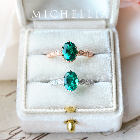 [Evelina] Vintage Classic Crown Oval Engagement Ring in Emerald Women's Ring michelliafinejewelry
