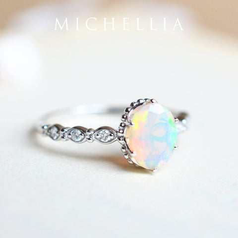 [Evelina] Vintage Classic Crown Oval Engagement Ring in Natural Australian Opal Women's Ring michelliafinejewelry