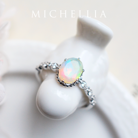 [Evelina] Vintage Classic Crown Oval Engagement Ring in Natural Australian Opal Women's Ring michelliafinejewelry