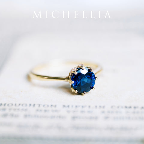 [Cassandra] Vintage Crown Solitaire Ring in Lab Blue Sapphire Women's Ring michelliafinejewelry   
