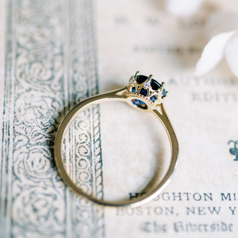 [Cassandra] Vintage Crown Solitaire Ring in Lab Blue Sapphire Women's Ring michelliafinejewelry   