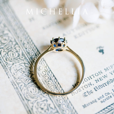 [Cassandra] Vintage Crown Solitaire Ring in Lab Blue Sapphire Women's Ring michelliafinejewelry   