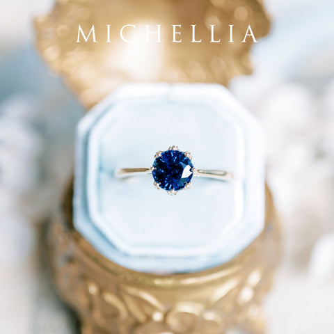 [Cassandra] Vintage Crown Solitaire Ring in Lab Blue Sapphire Women's Ring michelliafinejewelry   