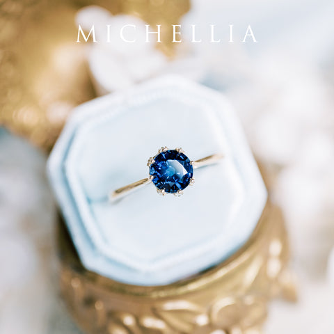 [Cassandra] Vintage Crown Solitaire Ring in Lab Blue Sapphire Women's Ring michelliafinejewelry   