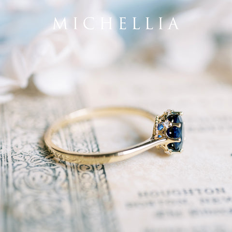 [Cassandra] Vintage Crown Solitaire Ring in Lab Blue Sapphire Women's Ring michelliafinejewelry   