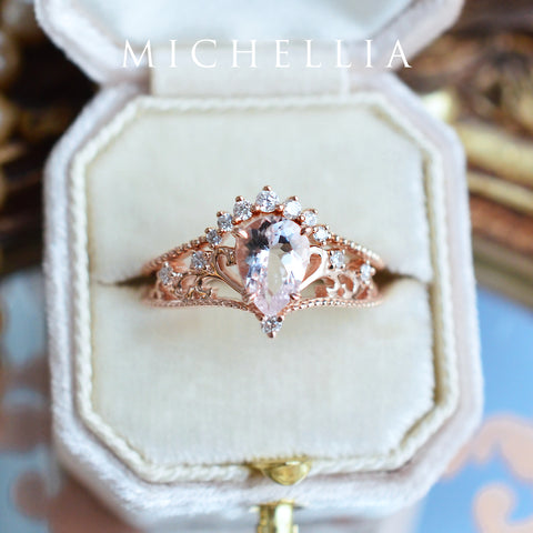 [Veronica] Vintage Crown Pear Engagement Ring in Morganite Women's Ring michelliafinejewelry   