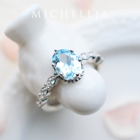 [Evelina] Vintage Classic Crown Oval Engagement Ring in Aquamarine Women's Ring michelliafinejewelry