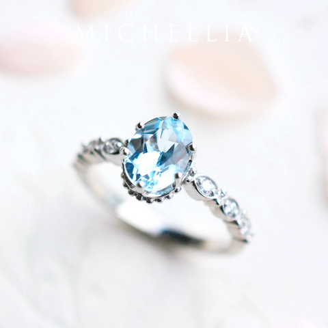 [Evelina] Vintage Classic Crown Oval Engagement Ring in Aquamarine Women's Ring michelliafinejewelry