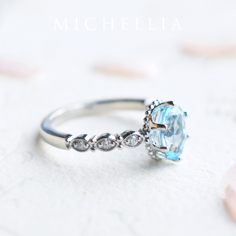 [Evelina] Vintage Classic Crown Oval Engagement Ring in Aquamarine Women's Ring michelliafinejewelry