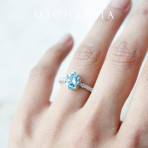 [Evelina] Vintage Classic Crown Oval Engagement Ring in Aquamarine Women's Ring michelliafinejewelry
