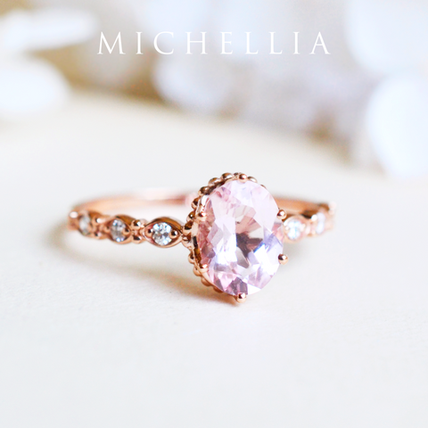 [Evelina] Vintage Classic Crown Oval Engagement Ring in Morganite Women's Ring michelliafinejewelry