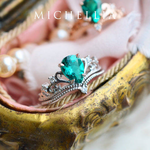 [Veronica] Vintage Crown Pear Engagement  Ring in Emerald Women's Ring michelliafinejewelry   