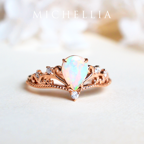 [Veronica] Vintage Crown Pear Engagement Ring in Opal Women's Ring michelliafinejewelry   